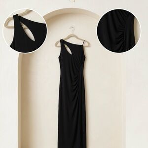 Miroa Black One-Shoulder Asymmetrical Midi Dress - Ruched Side Cutout ✨🖤